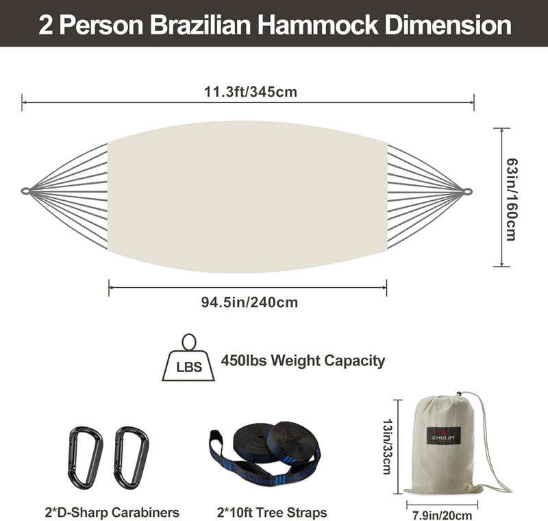 CHULIM Brazilian Double Hammock with Tree Straps,Extra Large 240x160cm,2 Persons Hammock for Backyard Patio Outdoor and Indoor,450lbs Weight Capacity,Soft Woven Cotton Fabric Natrual White - Image 3